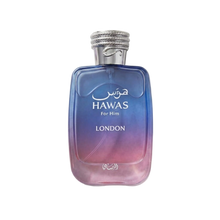 Hawas For Him London perfume in a blue-to-pink gradient glass bottle with a silver textured cap.