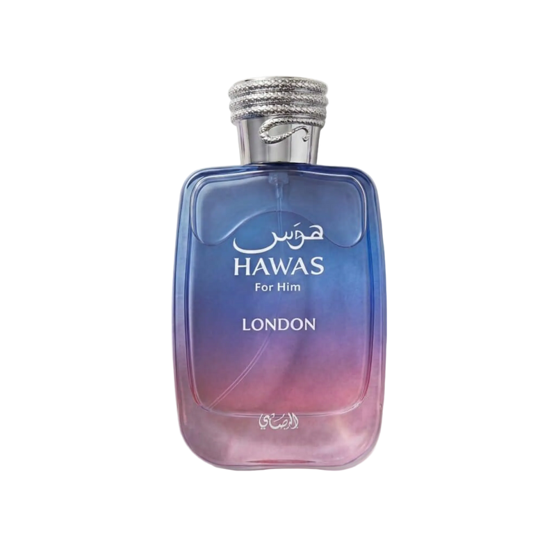 Hawas For Him London perfume in a blue-to-pink gradient glass bottle with a silver textured cap.