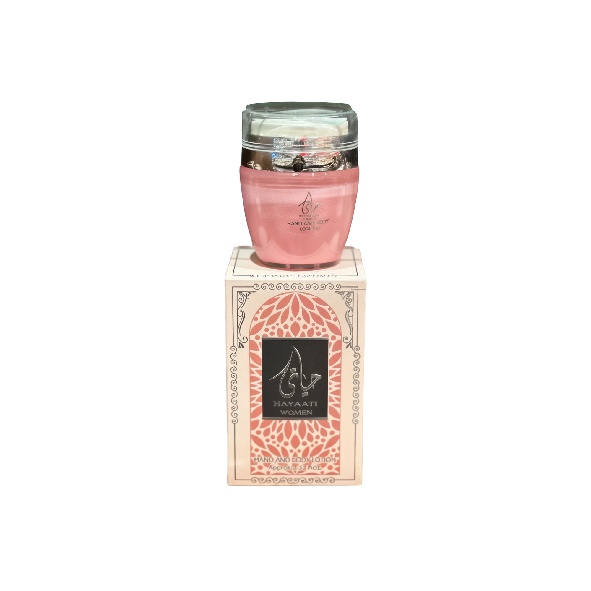 The image shows a product named "Hayaati Women Hand and Body Lotion." The lotion comes in a pink container with a clear lid and is placed on top of a matching pink box with intricate silver patterns and Arabic calligraphy. The box features the product name "Hayaati Women" prominently. The elegant and feminine packaging suggests a high-quality skincare product designed for women.