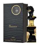 A black perfume bottle with dramatic gold accents, topped with a sculpted bust wearing a partial gold mask, labeled “His Confession” by Lattafa. The matching black box features wavy texture and a circular window revealing a masked bust image.