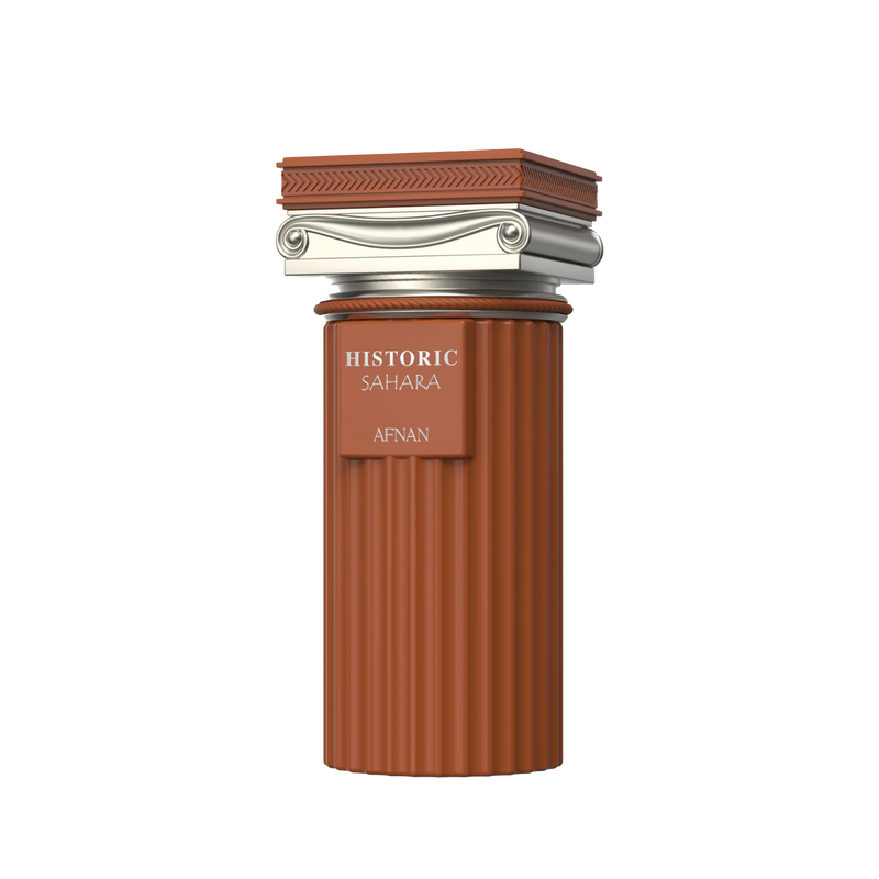 Terracotta ribbed perfume bottle with silver architectural cap and Historic Sahara Afnan branding.