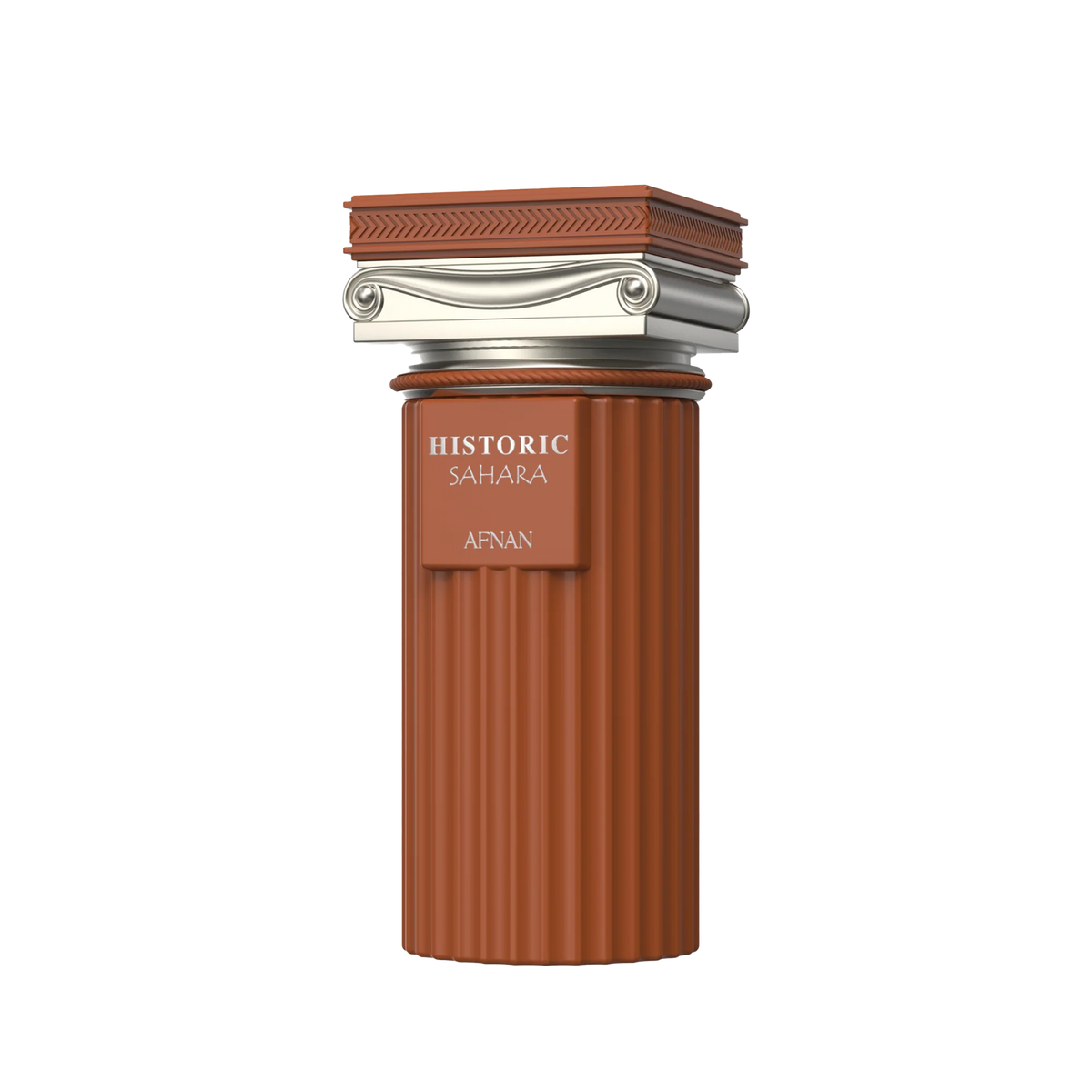 Terracotta ribbed perfume bottle with silver architectural cap and Historic Sahara Afnan branding.