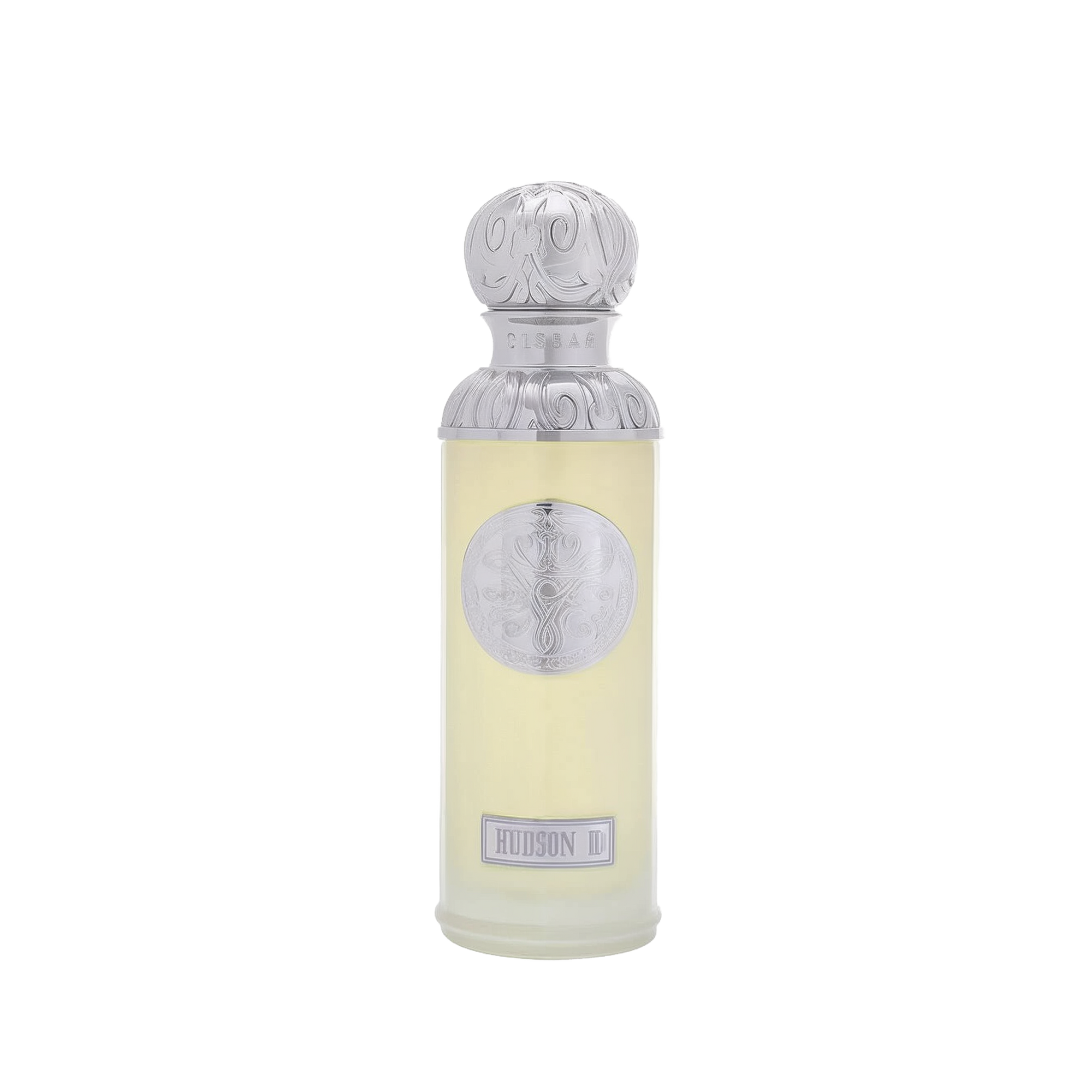 he image features a perfume bottle named "Hudson II" from the Gissah collection. The bottle is a light, almost translucent yellow with a tall cylindrical shape. It has a detailed silver cap and a silver medallion on the body, both featuring intricate embossed designs. The name "Gissah" is inscribed on the neck of the bottle, and "HUDSON II" is displayed on a plaque at the bottom.