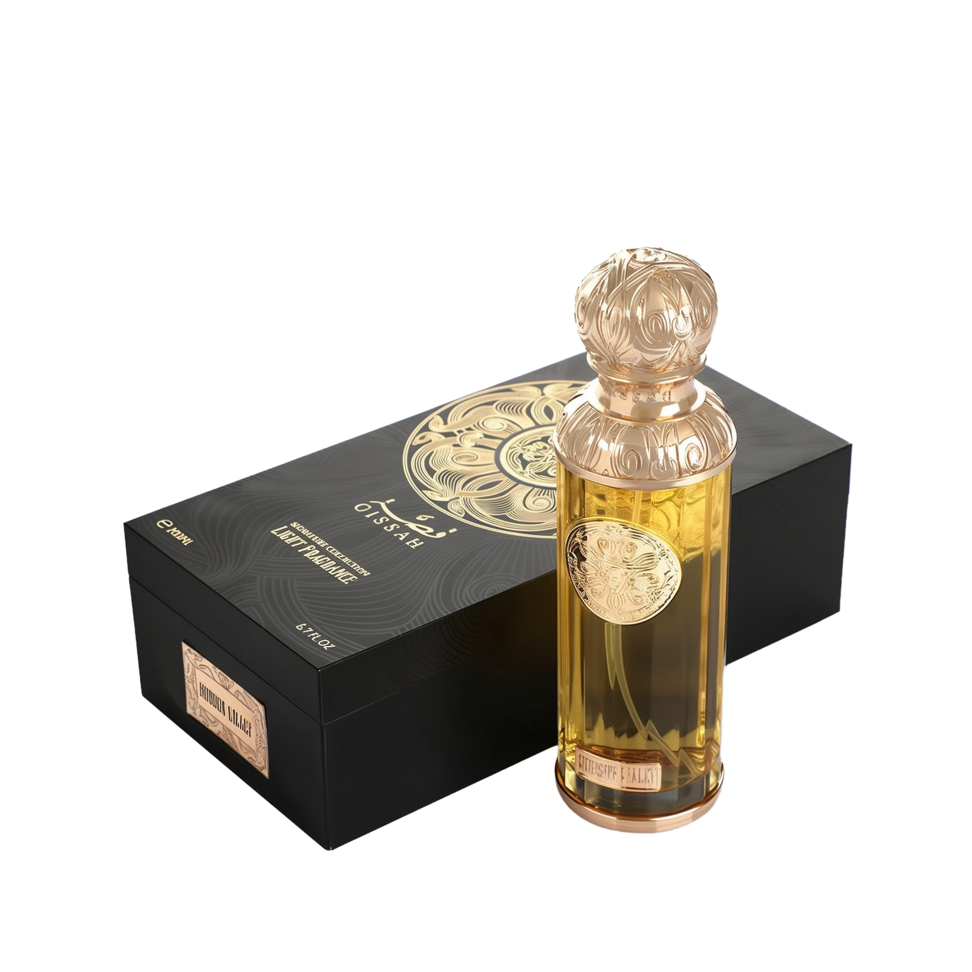 A product image of Gissah’s “Hudson Valley” signature light fragrance: a sleek rectangular black gift box adorned with a large, intricate gold filigree medallion design and the brand name “Gissah” (in Arabic and English) above the words “Signature Collection Light Fragrance” and “200?ml / 6.7?fl oz.” In front of it stands a tall, cylindrical glass perfume bottle filled with golden liquid, topped by an ornate, sculpted gold cap.