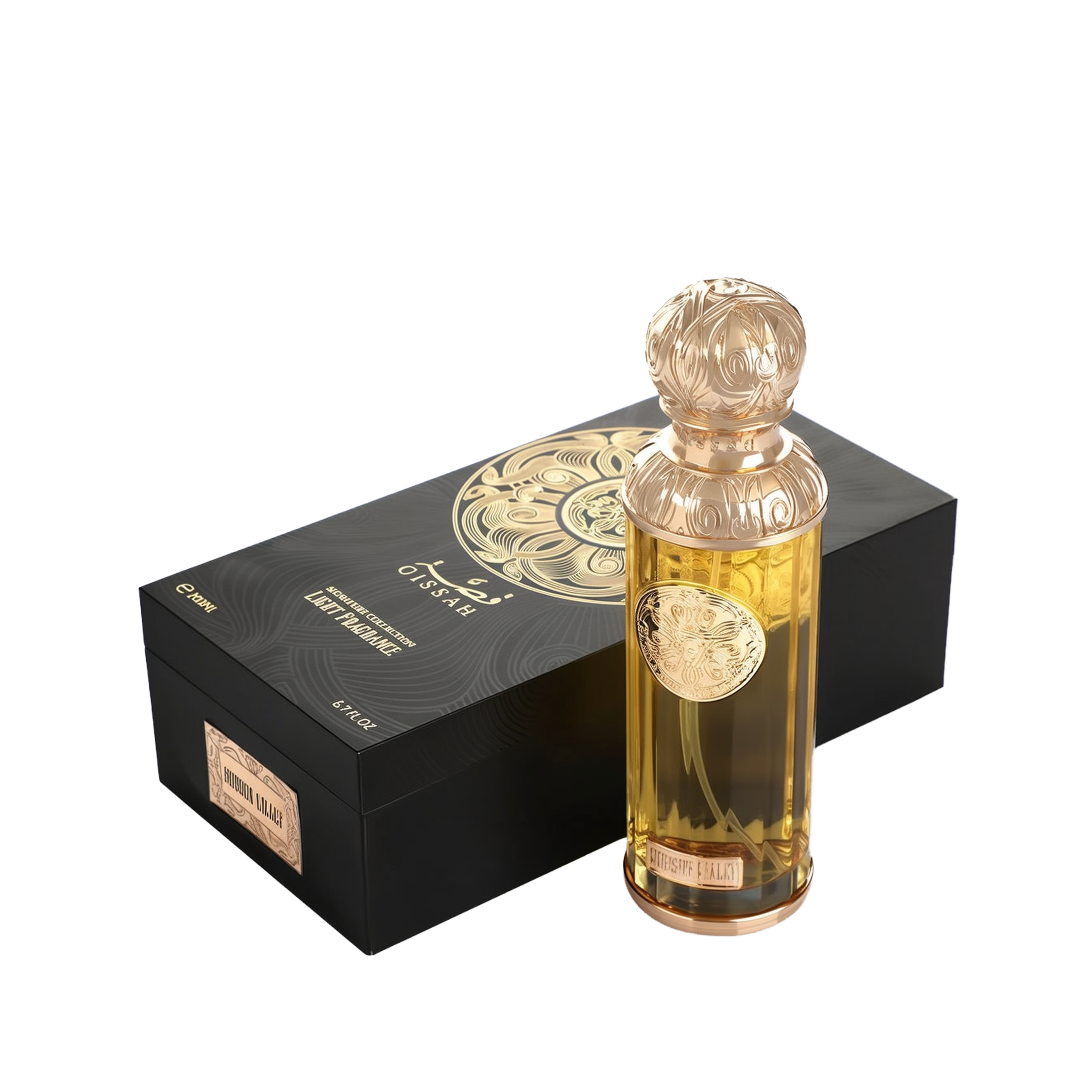 A product image of Gissah’s “Hudson Valley” signature light fragrance: a sleek rectangular black gift box adorned with a large, intricate gold filigree medallion design and the brand name “Gissah” (in Arabic and English) above the words “Signature Collection Light Fragrance” and “200?ml / 6.7?fl oz.” In front of it stands a tall, cylindrical glass perfume bottle filled with golden liquid, topped by an ornate, sculpted gold cap.
