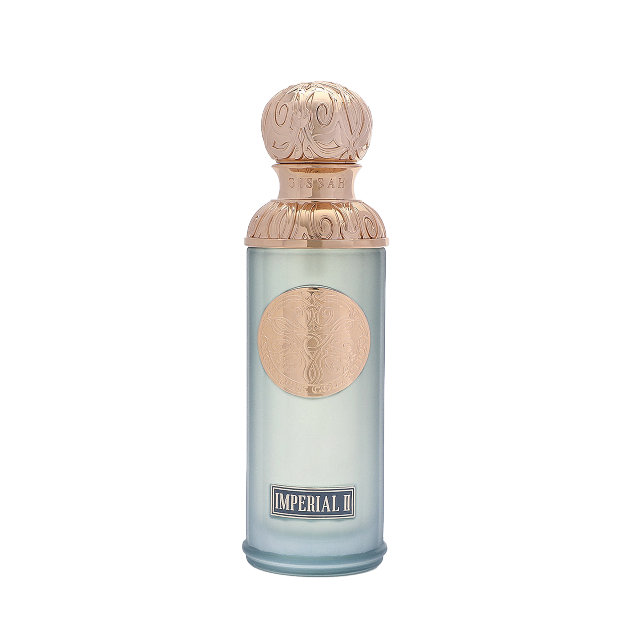 Qissah Imperial II perfume bottle in frosted light blue glass with an ornate gold cap and decorative central emblem.