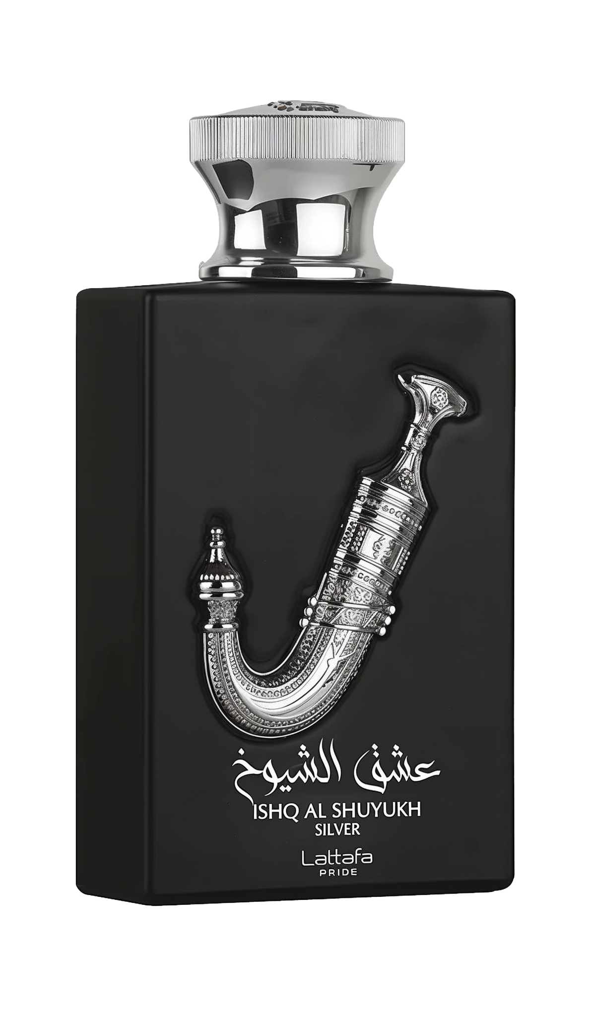 The image displays a perfume bottle named "Ishq Al Shuyukh Silver" by Lattafa Pride.