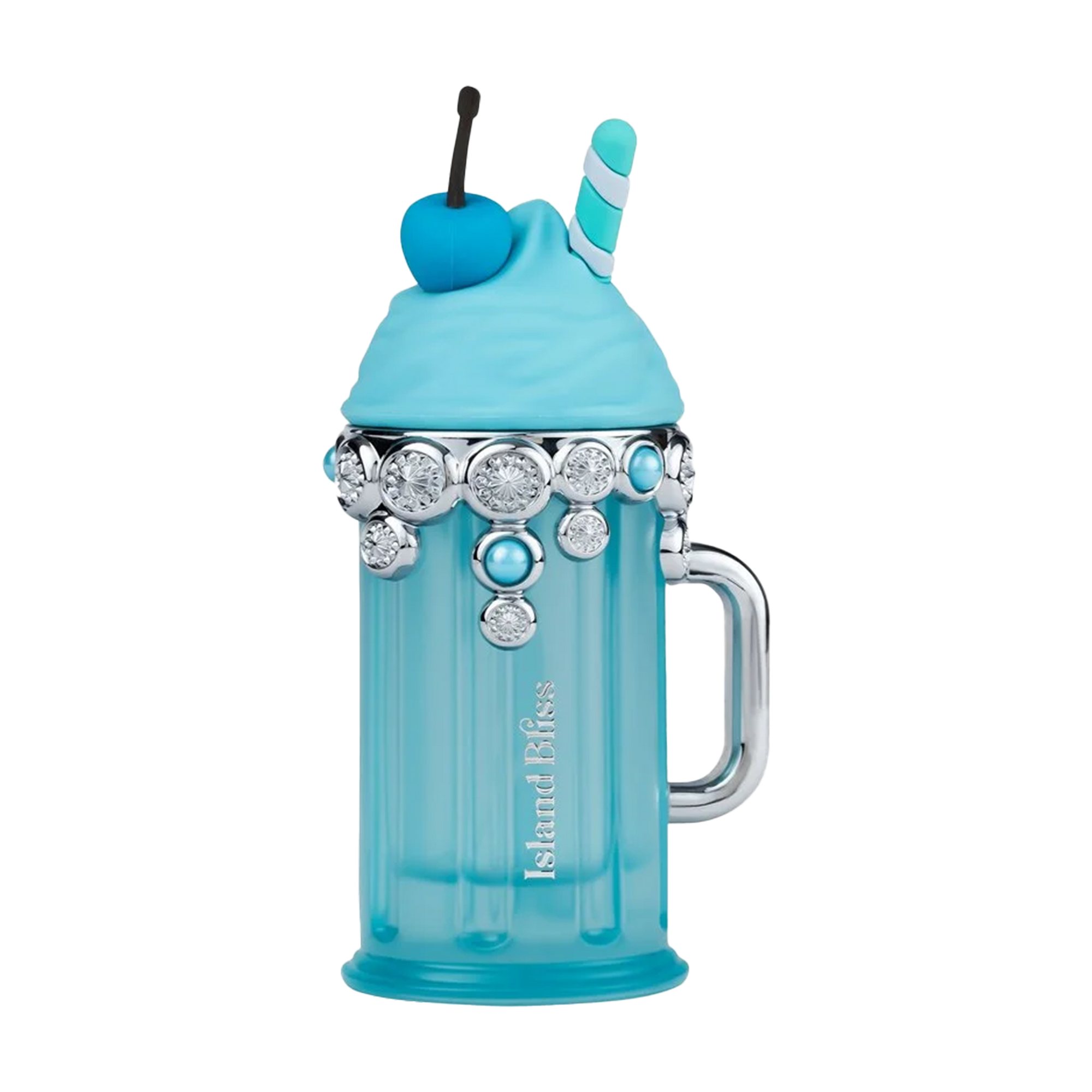 Island Bliss perfume in a blue milkshake bottle design, featuring a whipped cream cap, cherry, striped straw, and sparkling silver jewels.
