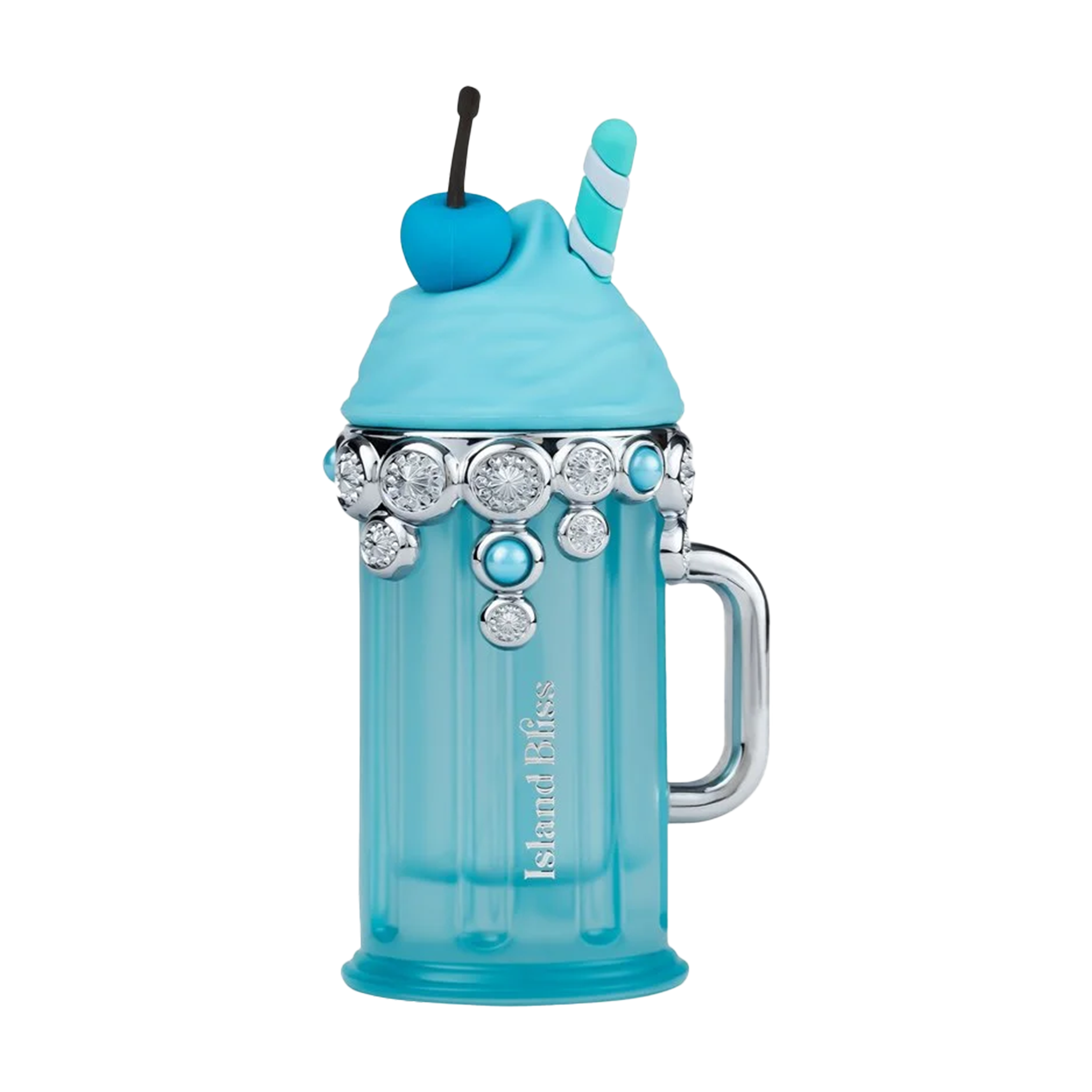 Island Bliss perfume in a blue milkshake bottle design, featuring a whipped cream cap, cherry, striped straw, and sparkling silver jewels.