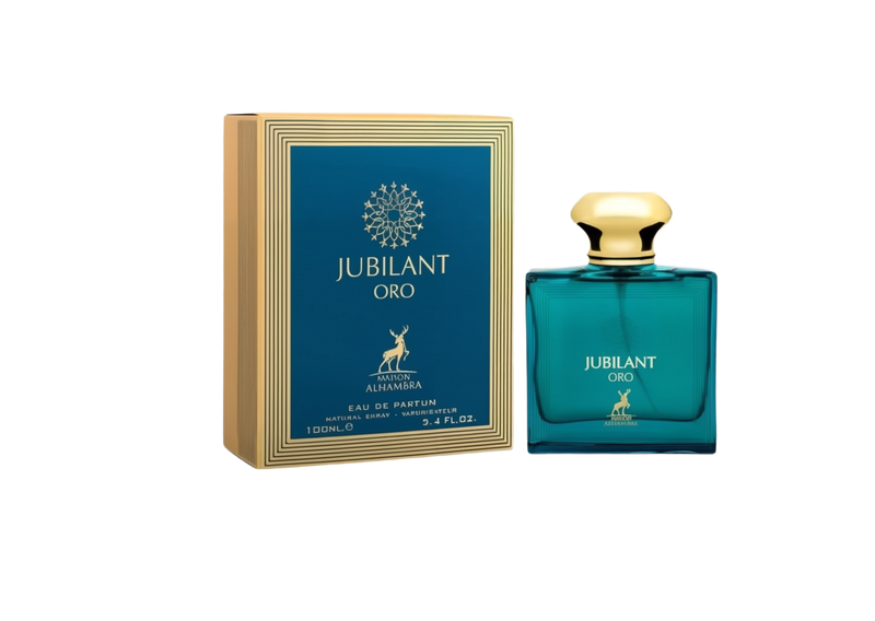 A teal rectangular box with gold detailing labeled ‘Jubilant Oro Eau De Parfum’ by Maison Alhambra, displayed next to a matching square teal bottle featuring a rounded gold cap.