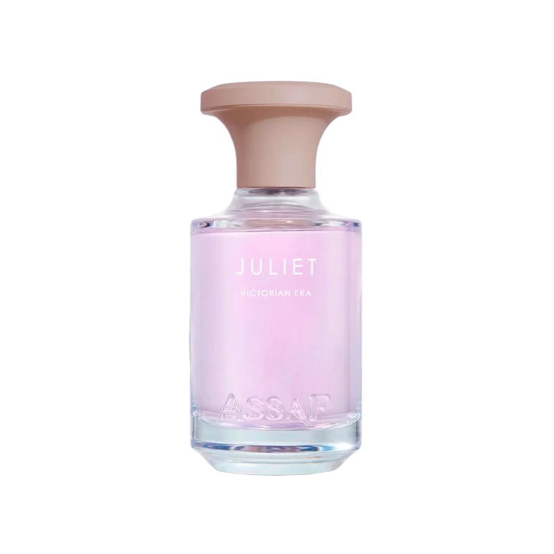 Light purple perfume bottle with beige cap labeled “Juliet Victorian Era”.
