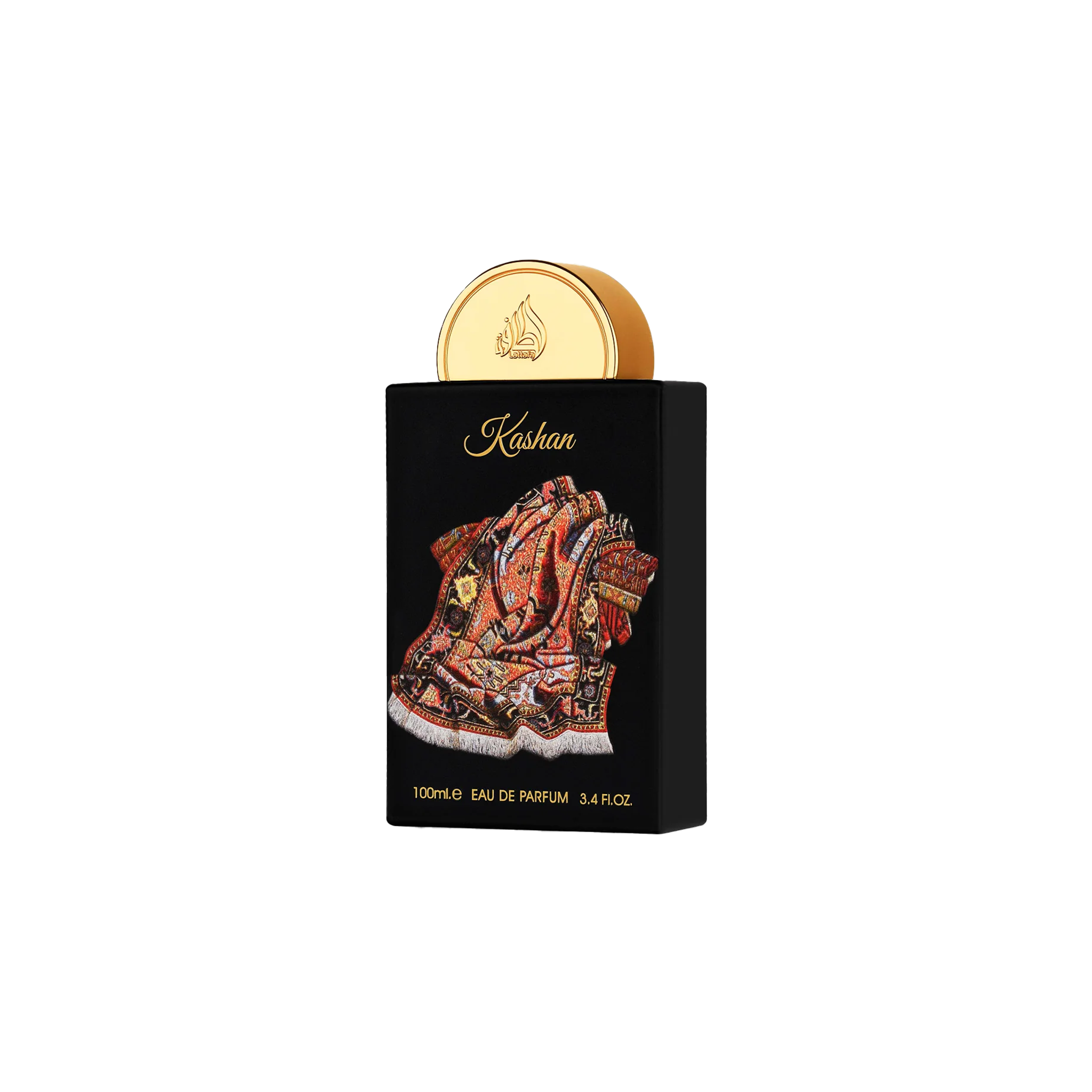 Kashan 100ml Eau de Parfum in a black box featuring a colorful folded Persian rug design and a gold cap.