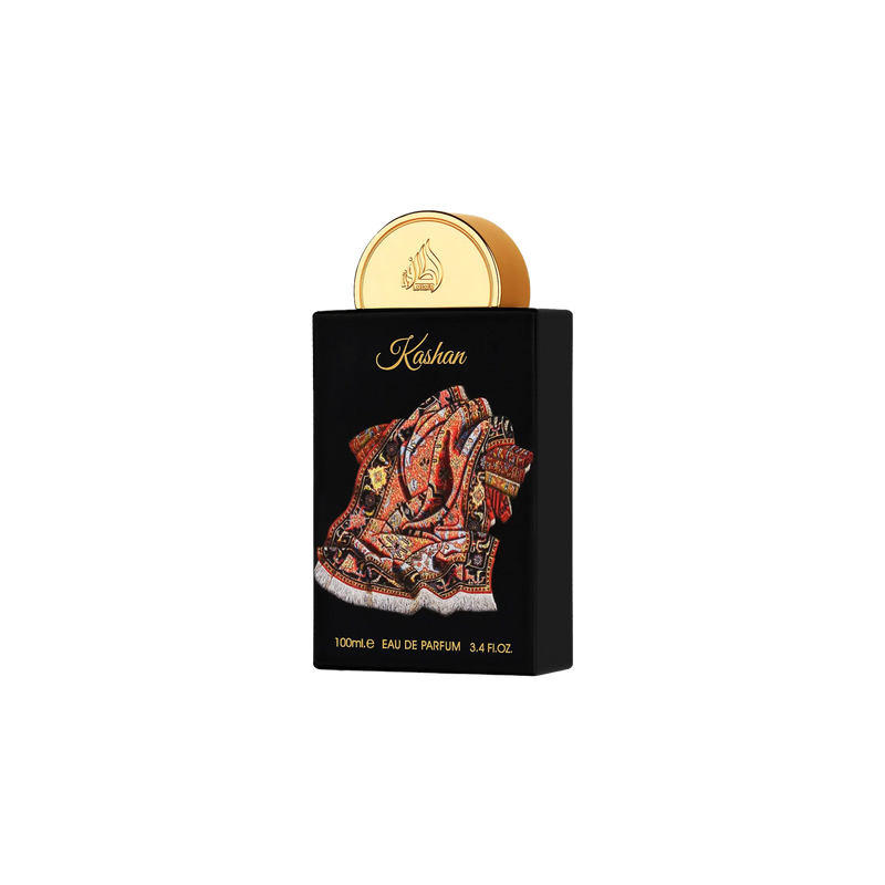 Kashan 100ml Eau de Parfum in a black box featuring a colorful folded Persian rug design and a gold cap.