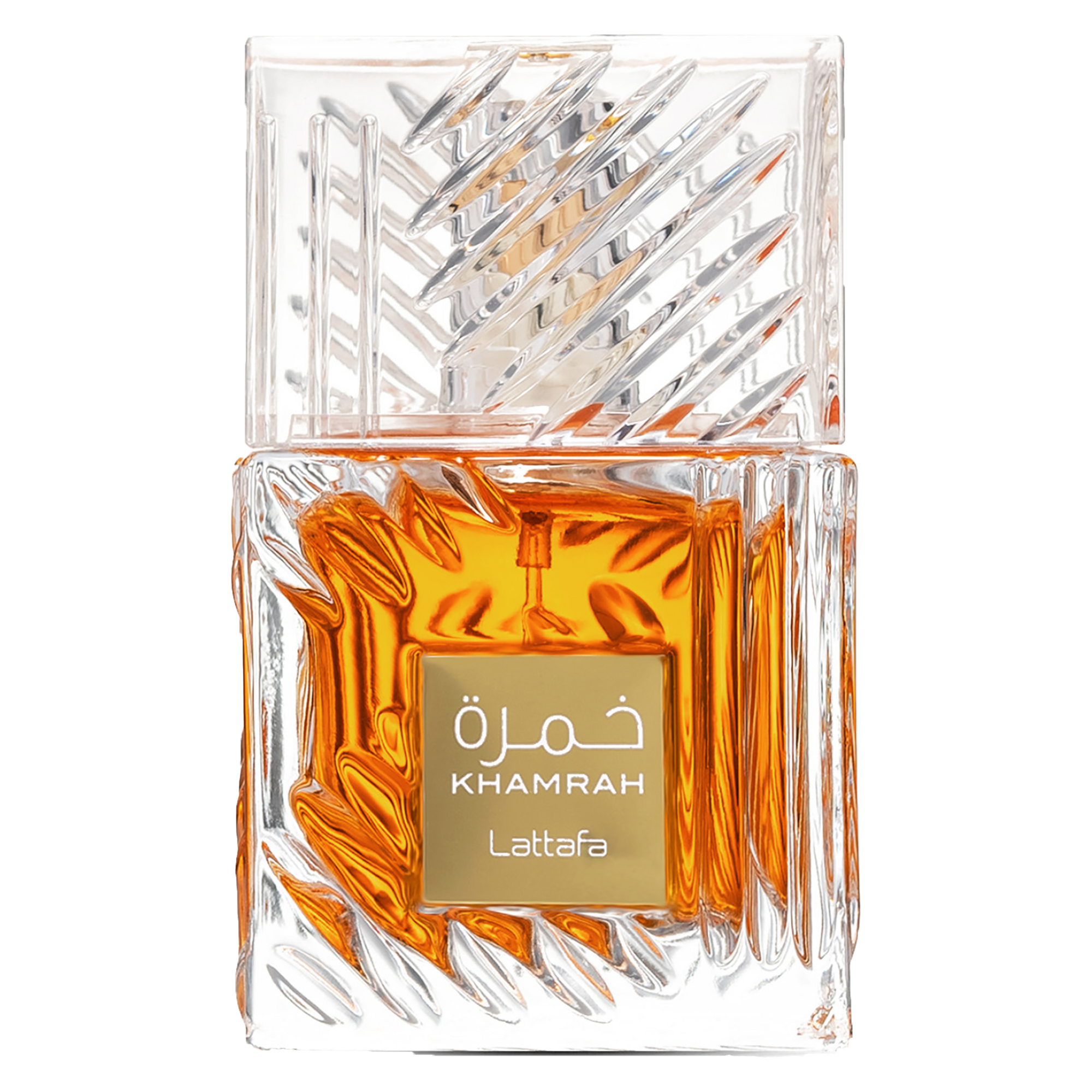 Lattafa Khamrah fragrance in a faceted clear glass bottle filled with rich amber liquid and featuring a gold label.