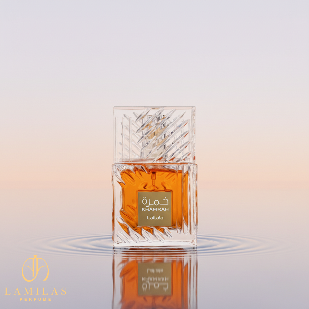 Lattafa Khamrah perfume in a faceted crystal bottle with orange liquid, reflected in water ripples.