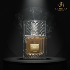 Lattafa Khamrah perfume bottle featuring etched glass and a textured cap, highlighted by spotlights and smoke.lattafa-khamrah-eau-de-parfum-textured-bottle-black-background.jpg