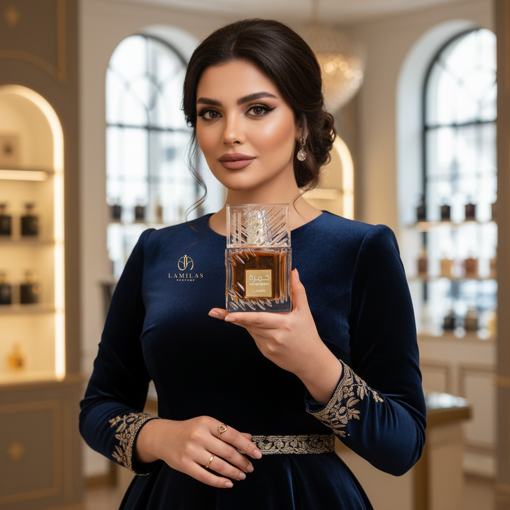 Glamorous model in a navy velvet dress displays the amber-colored Lamilas Khamrah perfume bottle.lamilas-khamrah-luxious-perfume-model-blue-velvet-dress.jpg