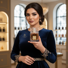 Glamorous model in a navy velvet dress displays the amber-colored Lamilas Khamrah perfume bottle.lamilas-khamrah-luxious-perfume-model-blue-velvet-dress.jpg