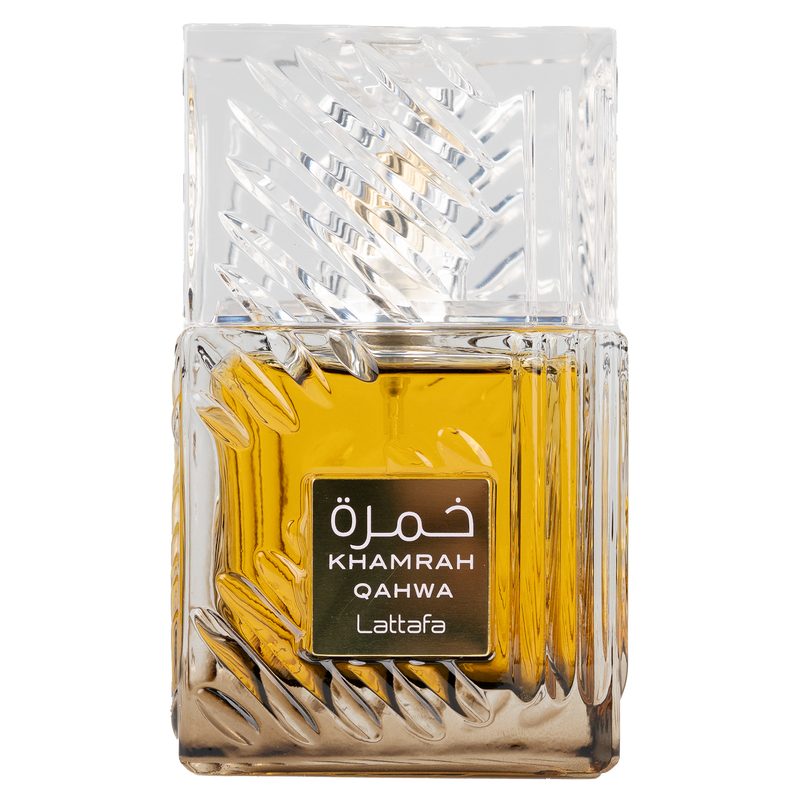 Close-up of Lattafa Khamrah Qahwa perfume bottle with clear glass and golden fragrance.