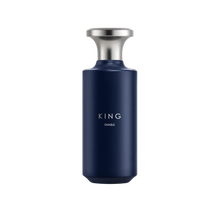 King Enable perfume bottle with a deep navy-blue matte finish, sleek cylindrical shape, silver metallic cap.