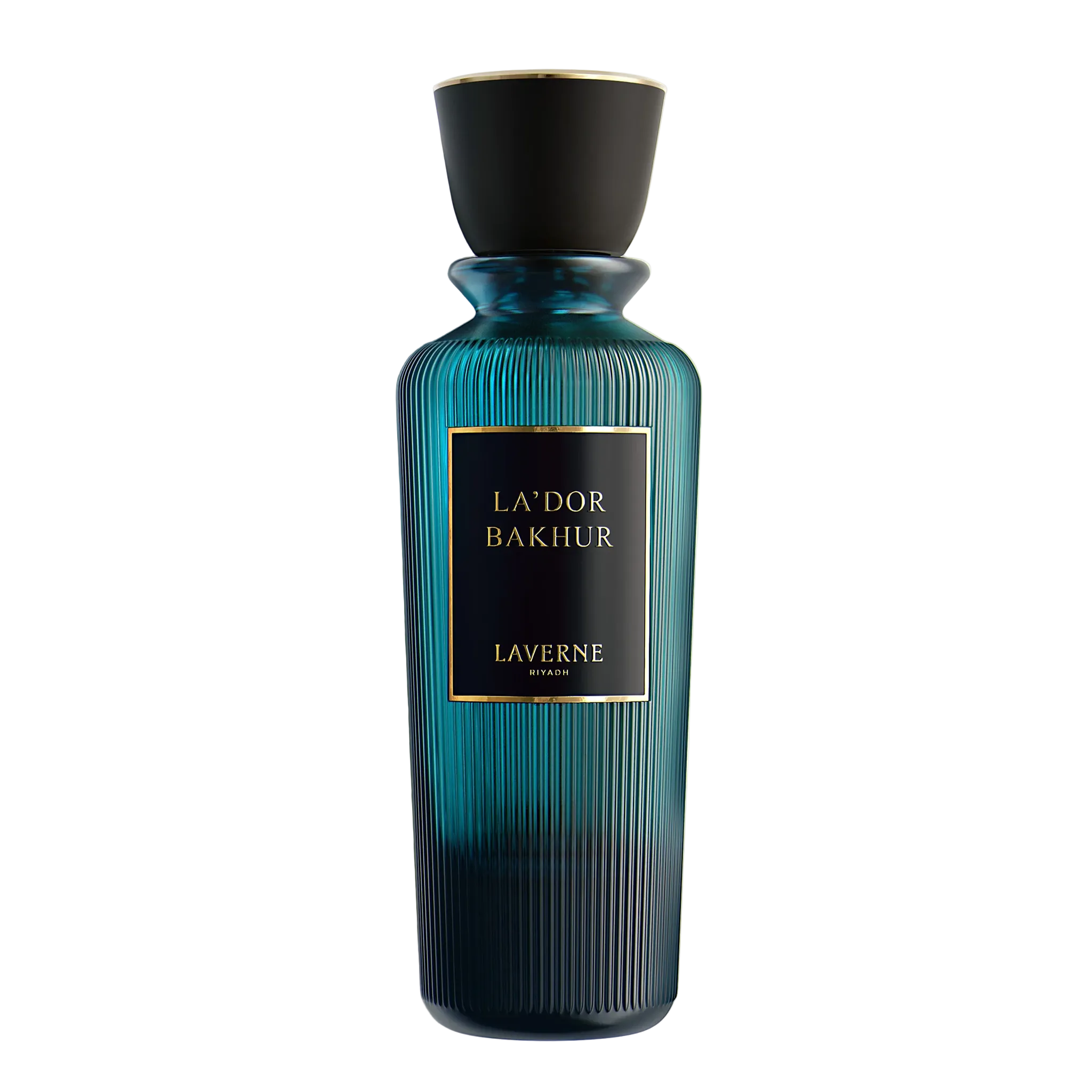 Teal ribbed glass perfume bottle with black cap and gold label reading “La’dor Bakhur” casting a shadow.