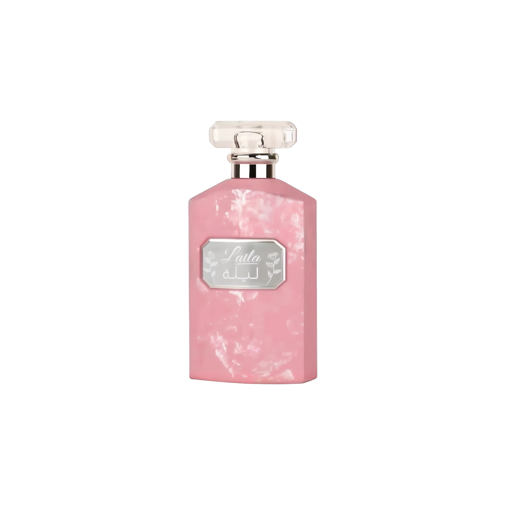The image shows a flat, rectangular-shaped perfume bottle with a textured pink surface that has a marbled or distressed look. The bottle has a clear, rectangular glass cap. On the front, there's a label with the name "Laila" in stylized script, along with Arabic script beneath it. The label is framed by a silver border, giving the bottle a feminine and elegant appearance.