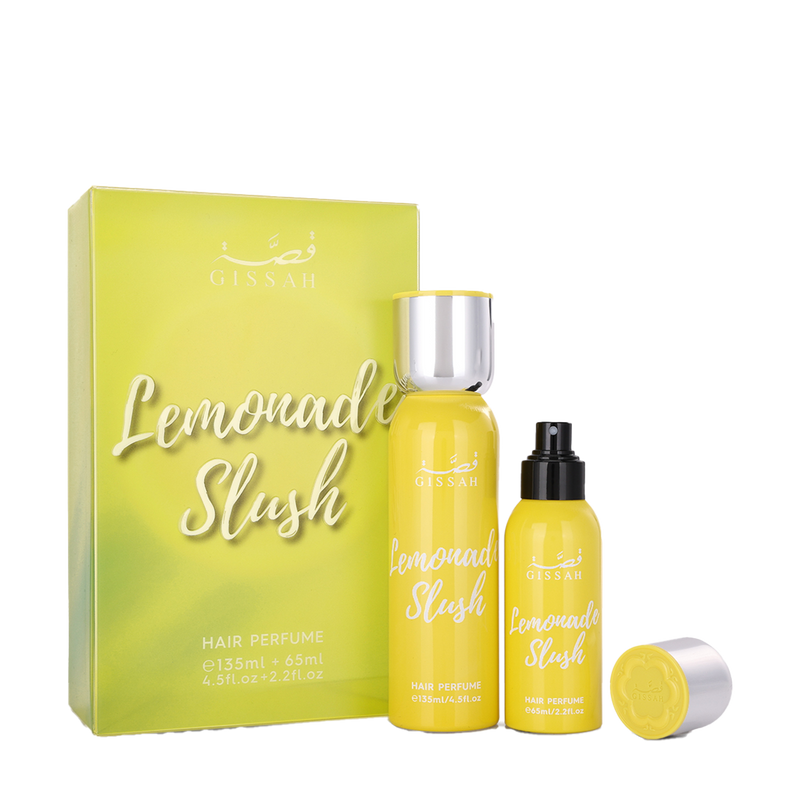 Yellow Gissah Lemonade Slush Hair Perfume set with two bottles and matching box featuring citrus gradient design.