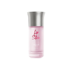 Pink frosted glass perfume bottle with silver cap labeled “Lip Stick”.