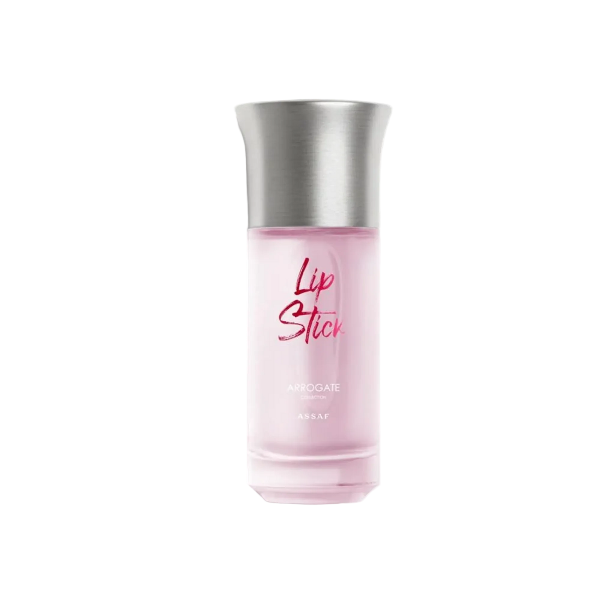 Pink frosted glass perfume bottle with silver cap labeled “Lip Stick”.