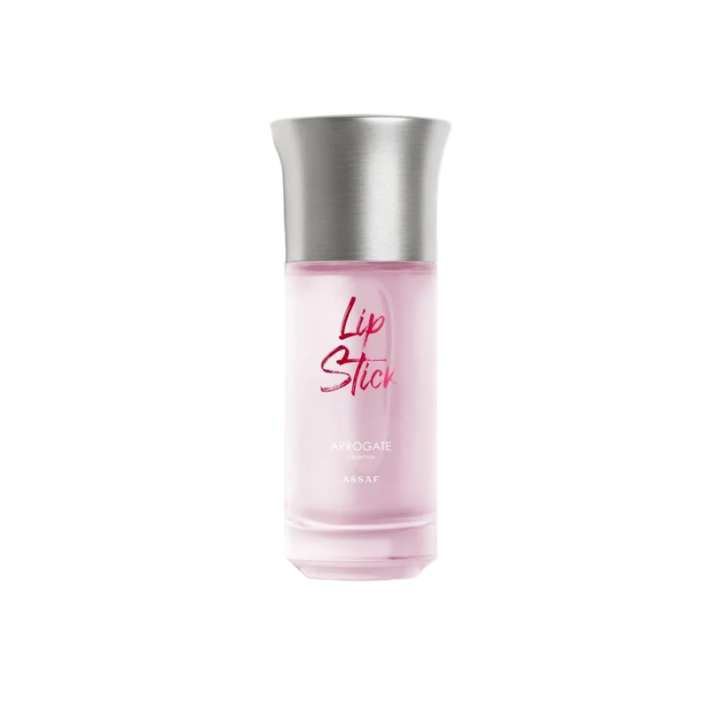Pink frosted glass perfume bottle with silver cap labeled “Lip Stick”.