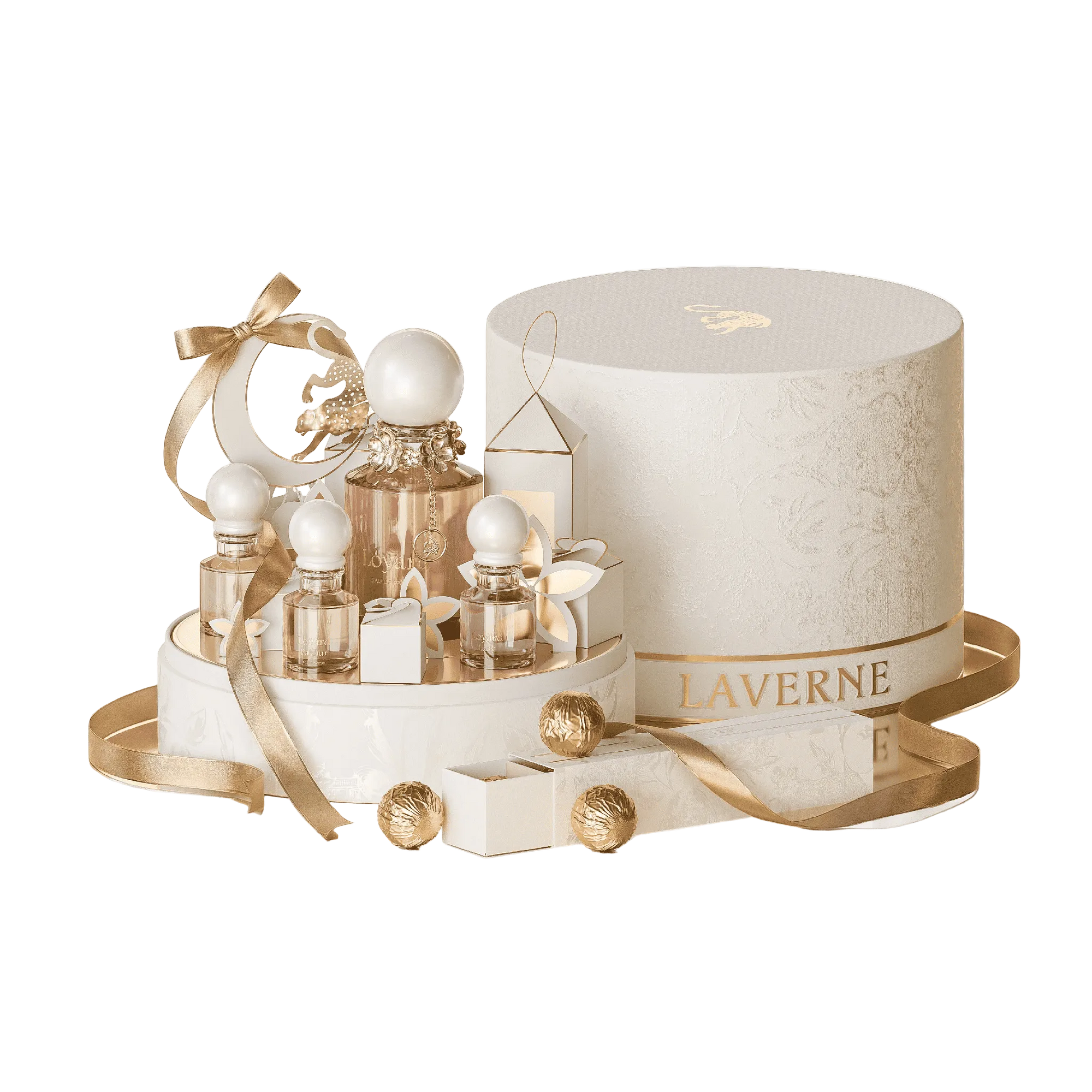 Laverne luxury perfume gift set with multiple mini bottles, decorative packaging, and gold ribbon accents.