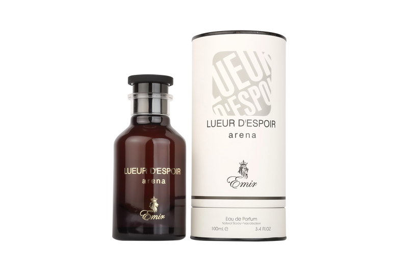 A dark amber-colored perfume bottle labeled ‘Lueur d’Espoir arena’ by Emir, shown next to its tall cylindrical white packaging with matching branding.