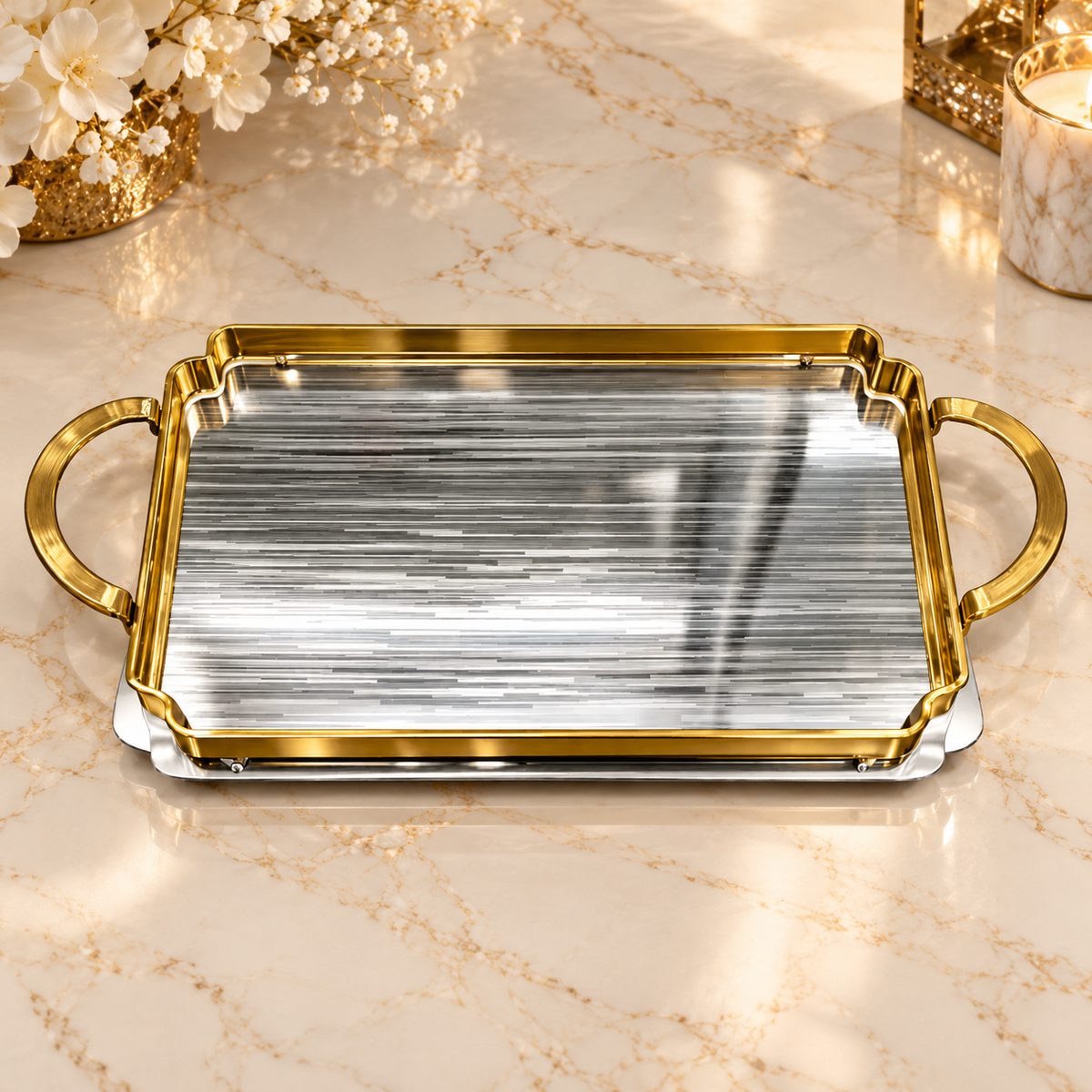Elegant Gold Rectangular Serving Tray with Handles