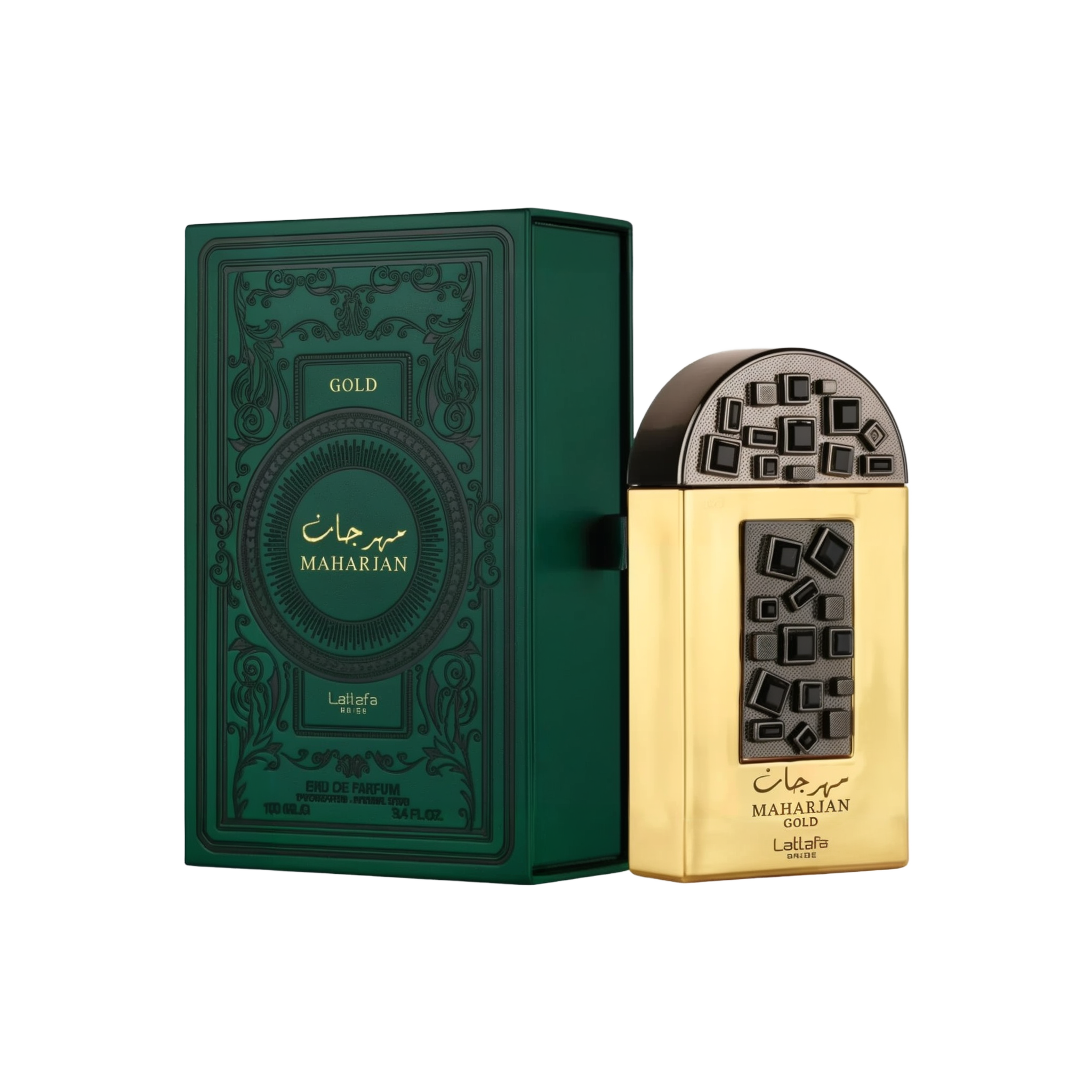 
The image shows a luxurious gold perfume bottle labeled "MAHARJAN GOLD" by Lattafa Pride. The bottle features an intricate black and gold geometric design on the front, with a distinctive rounded black cap. The bottle is placed next to its matching dark 