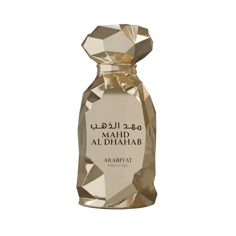 Arabiyat Prestige Mahd Al Dhahab perfume bottle in faceted gold design with Arabic and English lettering.