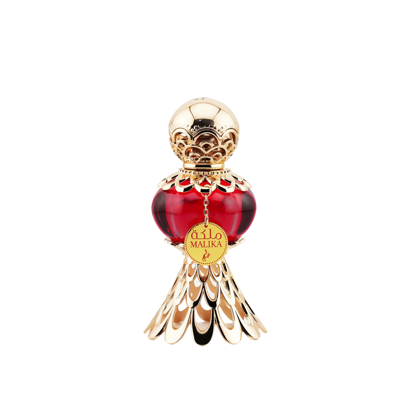 An exquisite red perfume bottle with a gold ornate cap and base, featuring a tag that reads 'Malika' in gold and Arabic script, displayed next to a luxurious red box with gold floral patterns and the text 'Malika' in Arabic and English.