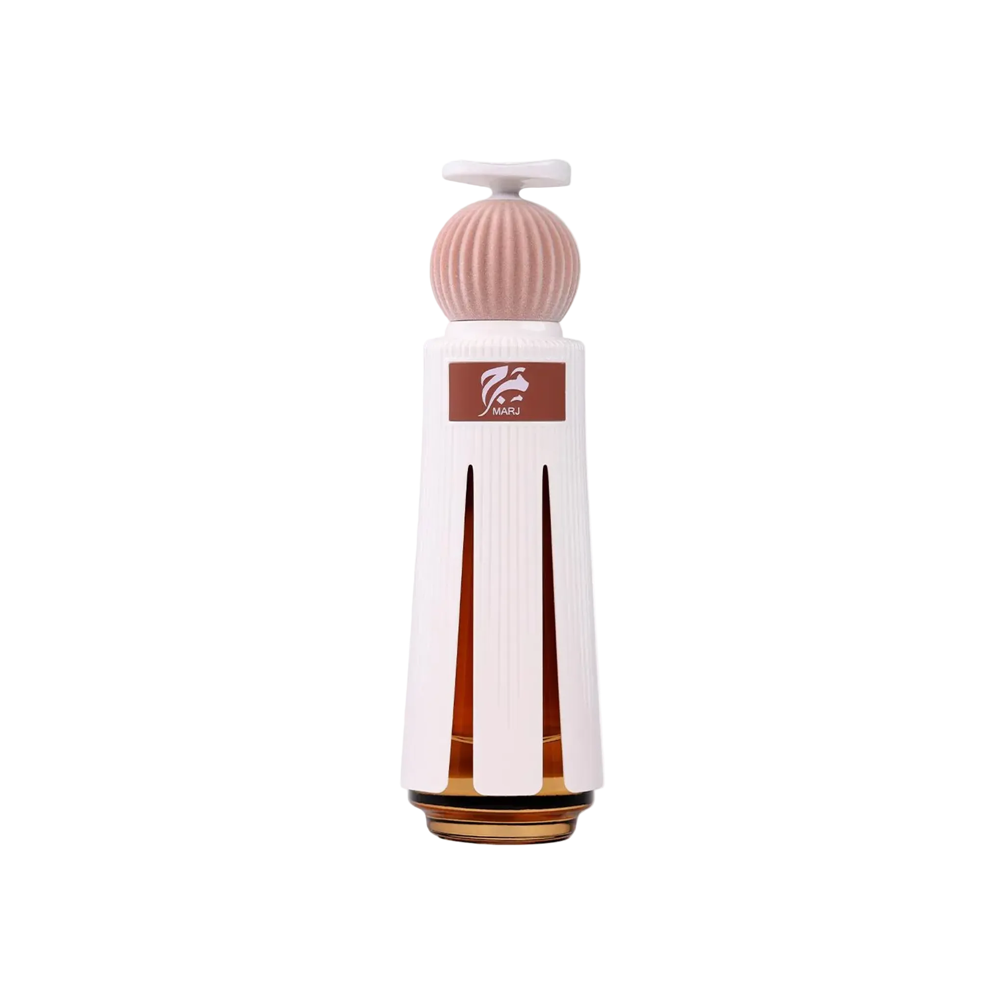 Marj perfume bottle featuring a tall white case with vertical cutouts revealing fragrance inside, topped with a textured blush-pink cap and white lid detail.