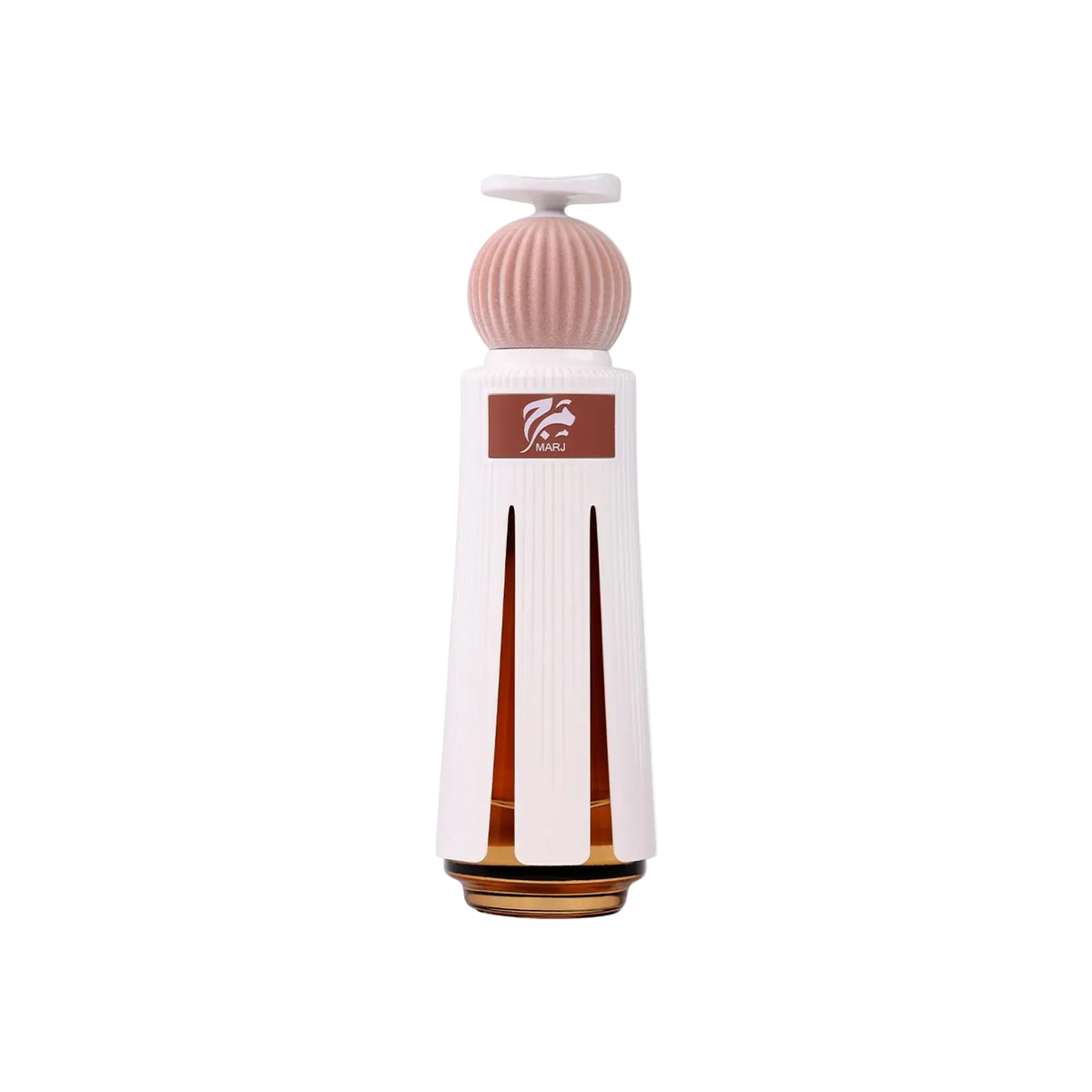 Marj perfume bottle featuring a tall white case with vertical cutouts revealing fragrance inside, topped with a textured blush-pink cap and white lid detail.
