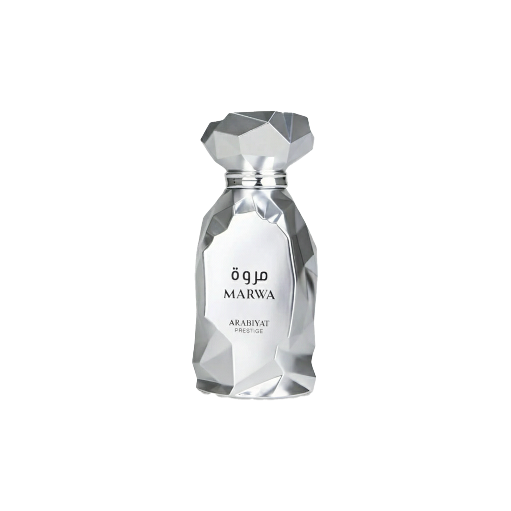 Arabiyat Prestige Marwa perfume bottle in faceted silver design with Arabic and English text.