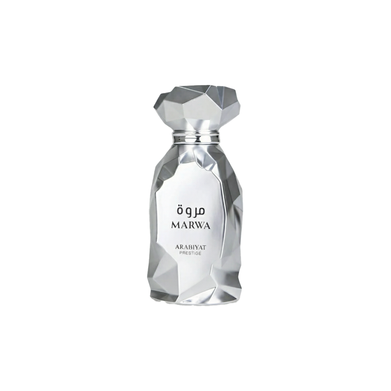 Arabiyat Prestige Marwa perfume bottle in faceted silver design with Arabic and English text.