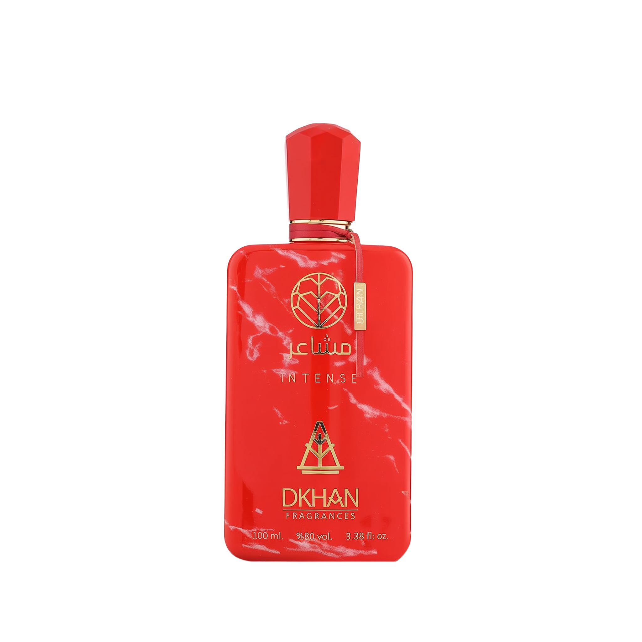 This is an image of a bold red perfume bottle with white marble-like patterns. The bottle has a geometrically shaped cap and a gold-colored label attached to the front. The label features the word "club" in lowercase letters followed by "INTENSE" in uppercase. Below, there is a logo comprising a heart inside a diamond shape and the text "DKHAN FRAGRANCES." 