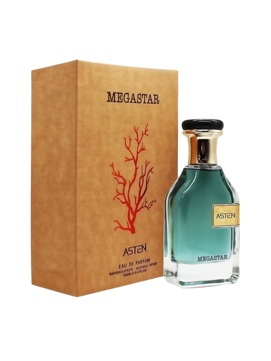 A clear glass perfume bottle containing teal liquid labeled ‘Asten Megastar,’ featuring a gold neck and a black cap, displayed next to its tan, cardboard-style box with a red coral motif and ‘MEGASTAR’ text.