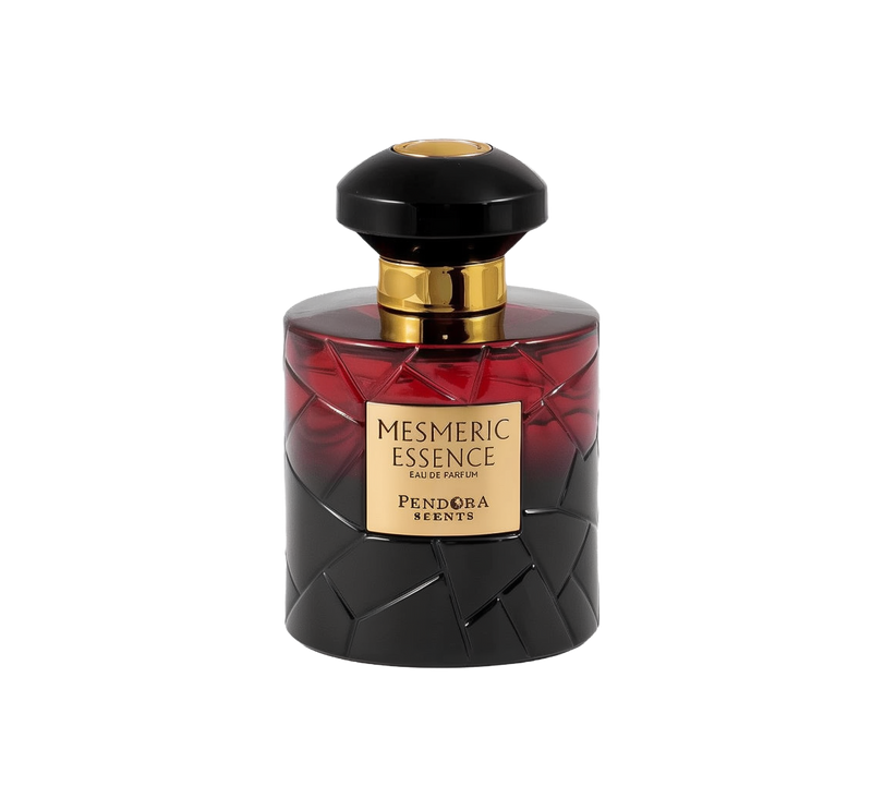 A tall, cylindrical perfume bottle with a gradient red-to-black design, topped by a glossy black cap and featuring a gold label that reads “Mesmeric Essence Eau De Parfum – Pendora Scents.