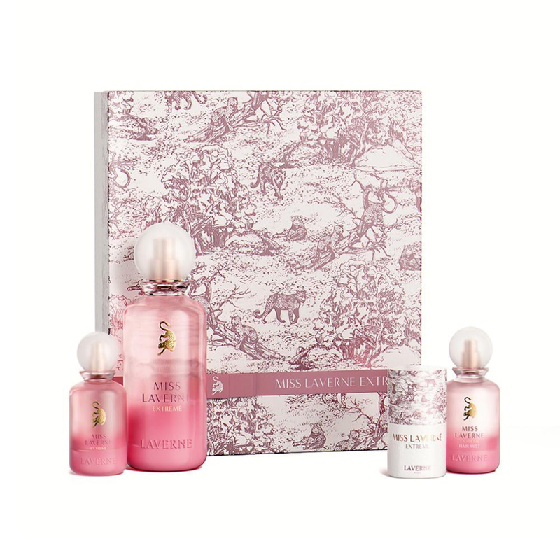Miss Laverne Extreme perfume gift set with pink gradient bottles and matching patterned box.