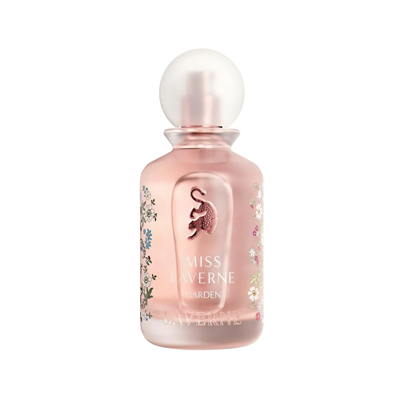 Pink frosted Miss Laverne Garden perfume bottle with floral details.