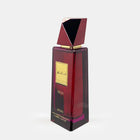 he image showcases "Modest Deux Pour Femme" by Afnan Perfumes, a perfume bottle with a rich, burgundy-hued glass body and an angular, geometric cap with a reflective golden finish. A gold label on the front features the perfume's name in an elegant font, and the bottom of the bottle includes the essential details of the fragrance's size and concentration. 