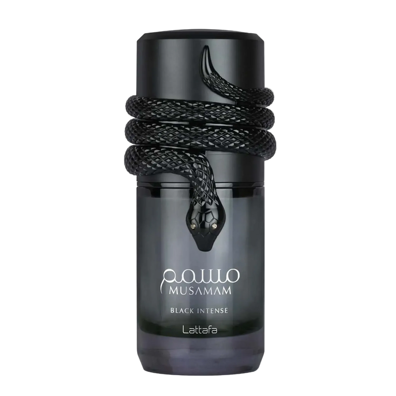 Musamam Black Intense perfume by Lattafa, featuring a dark smoky black cylindrical bottle wrapped with a detailed black snake design.