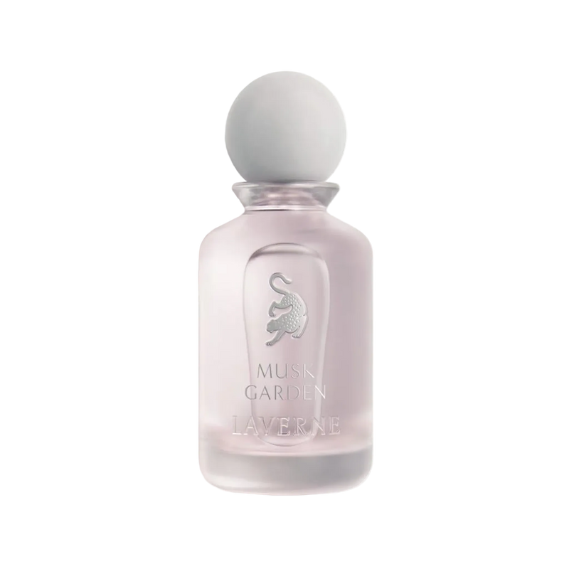 Pale pink frosted Musk Garden perfume bottle by Laverne with a matte white cap.