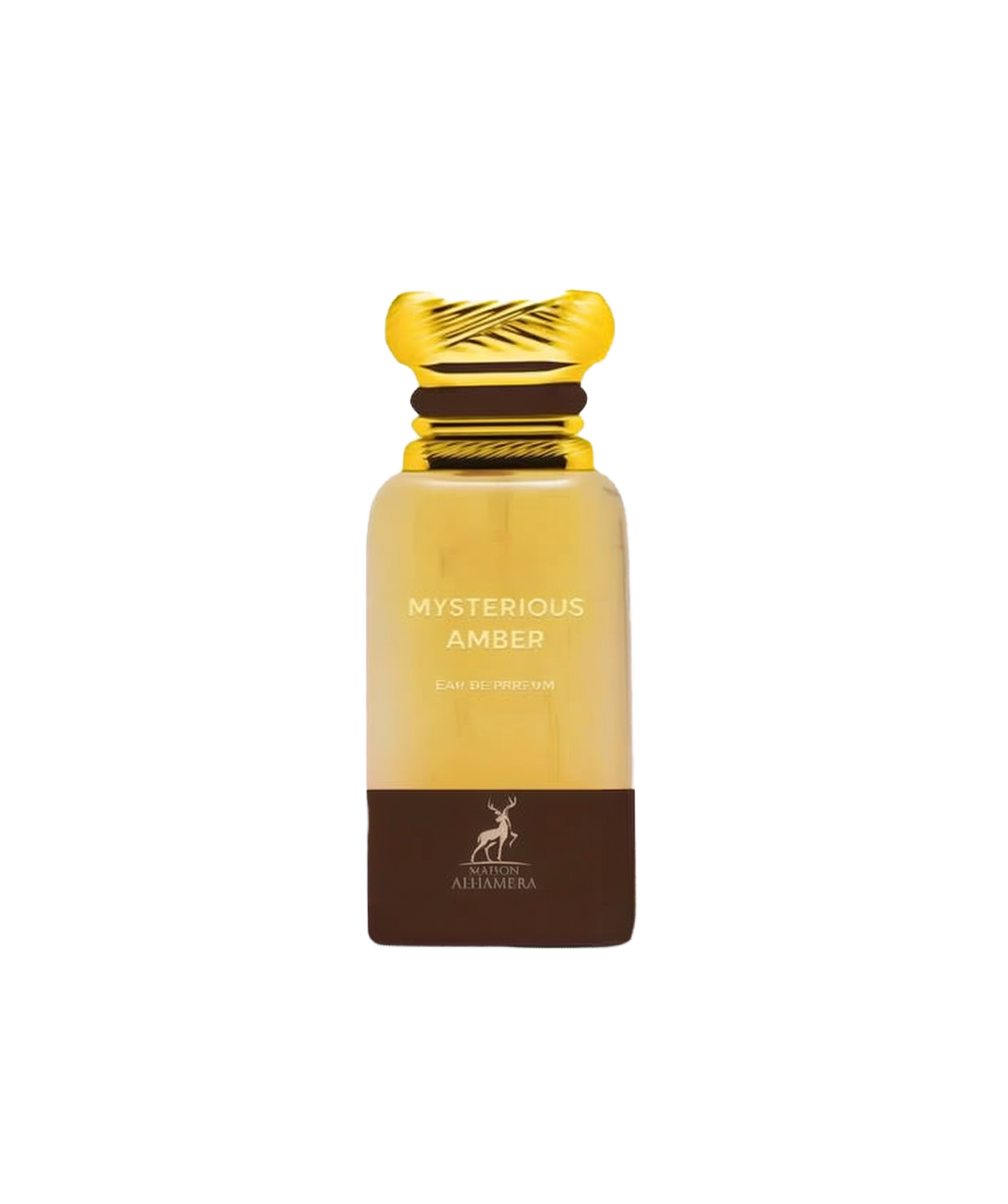 A tall rectangular perfume bottle with a metallic gold cap, featuring a warm amber-colored glass body and a dark brown band at the base. The label reads “Mysterious Amber” by Maison Alhambra.