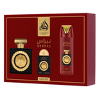 lattafa Pride Nebras 3-piece gift set: one EDP bottle, one travel miniature, and one perfumed body spray, displayed in a rich red box.